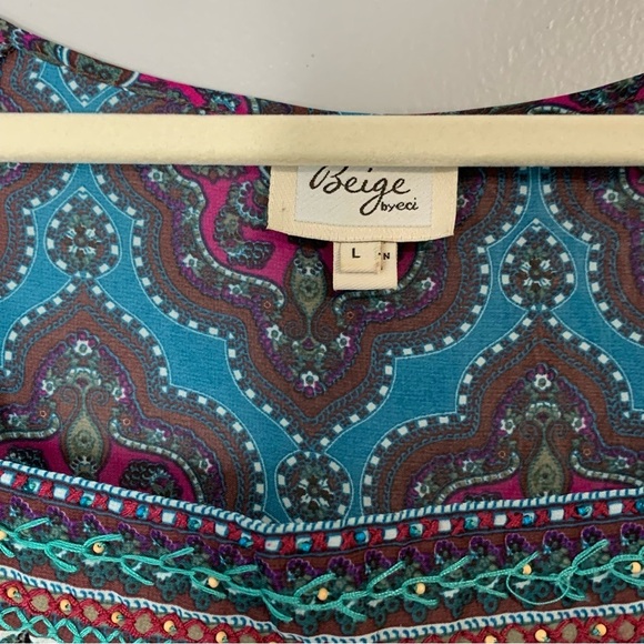 Beige by ECI sheer aqua brown and hot pink paisley flutter sleeve blouse. Size L - Picture 3 of 8